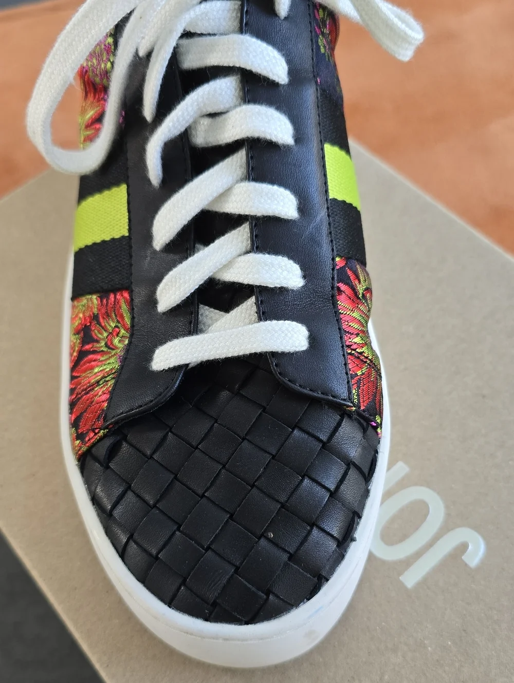 Johnny Was Black Floral Lace-Up Sneakers with Neon Yellow-Green Stripe